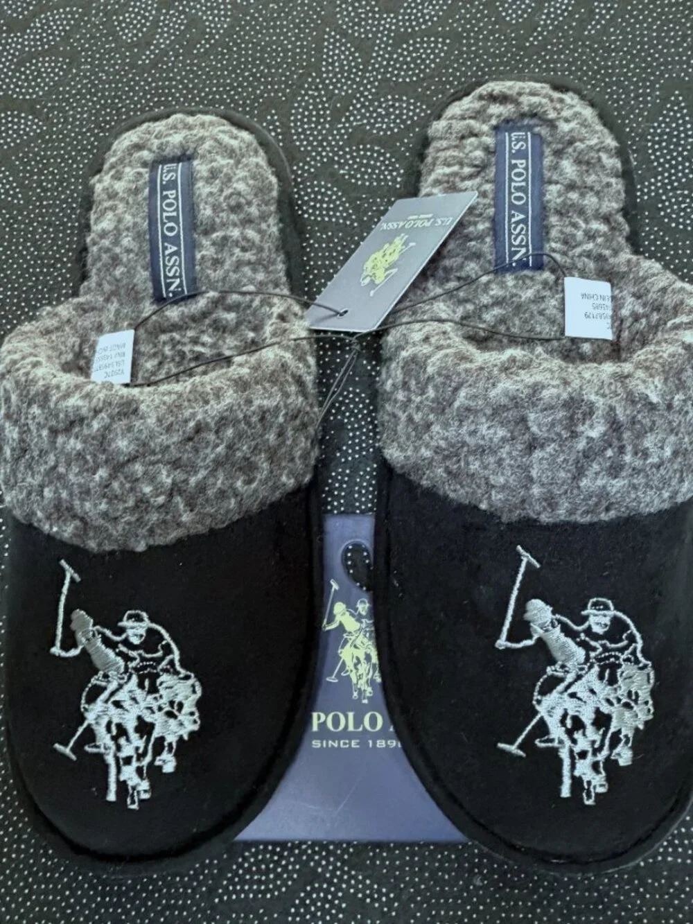 U.S. Polo Assn. Men’s Cozy Slip-On Slippers – Black/Gray Men's Size 9/10